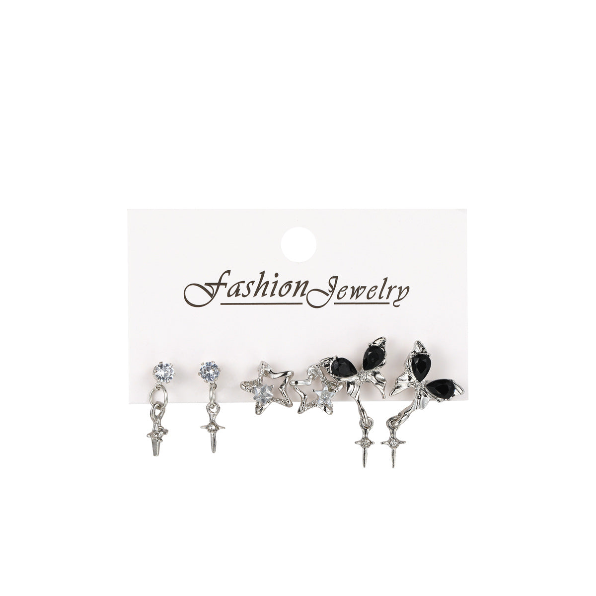 Cool Style Black Zircon Butterfly Pentagram Love Heart Three-piece Female Rings