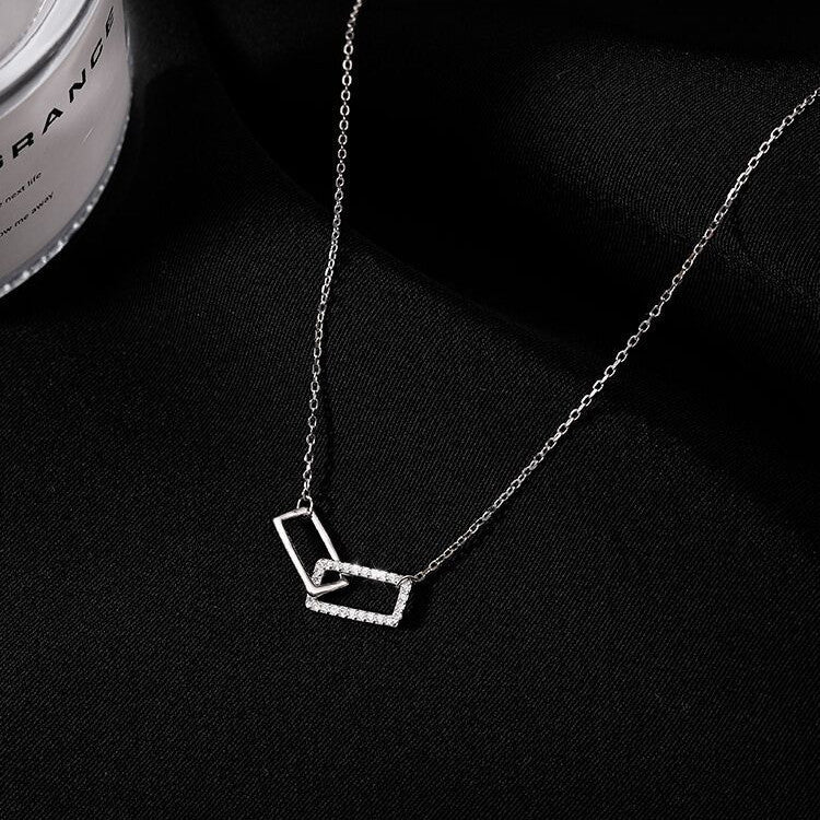 Women's Double Square Niche Geometric Rectangular Jeweled Simple Elegant Stitching Necklaces