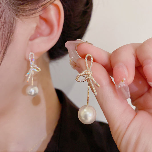 Affordable Luxury Fashion Micro Inlaid Zircon Bow Pearl Personality Thin Earrings