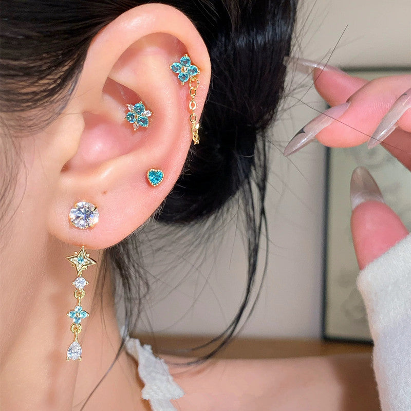 Women's Pa Green Zirconium Umbilicaria Bone Nail Collection Zircon Four-leaf Flower Stud Earrings