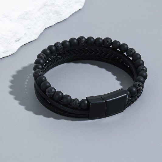 Men's Handmade Weaving Natural Obsidian Beaded Bracelets