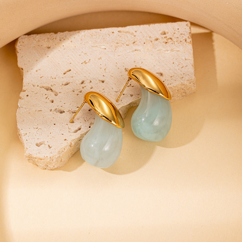 Korean Simple Fresh Minority Color Water Drop Resin Titanium Stud Earrings