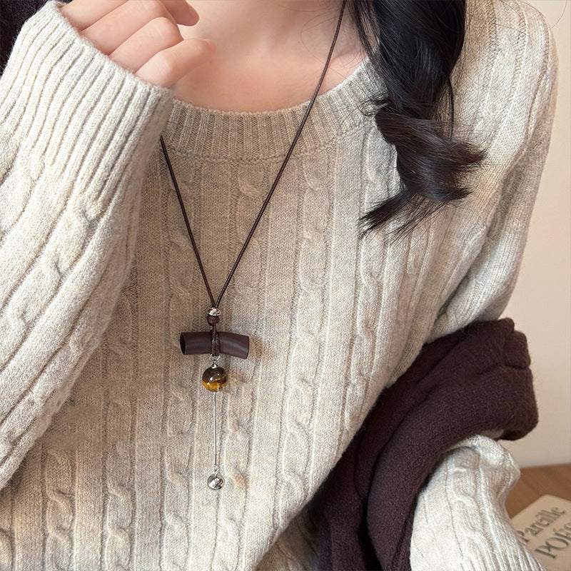 Women's Retro Tigereye Tassel Unique Niche Sweater Necklace