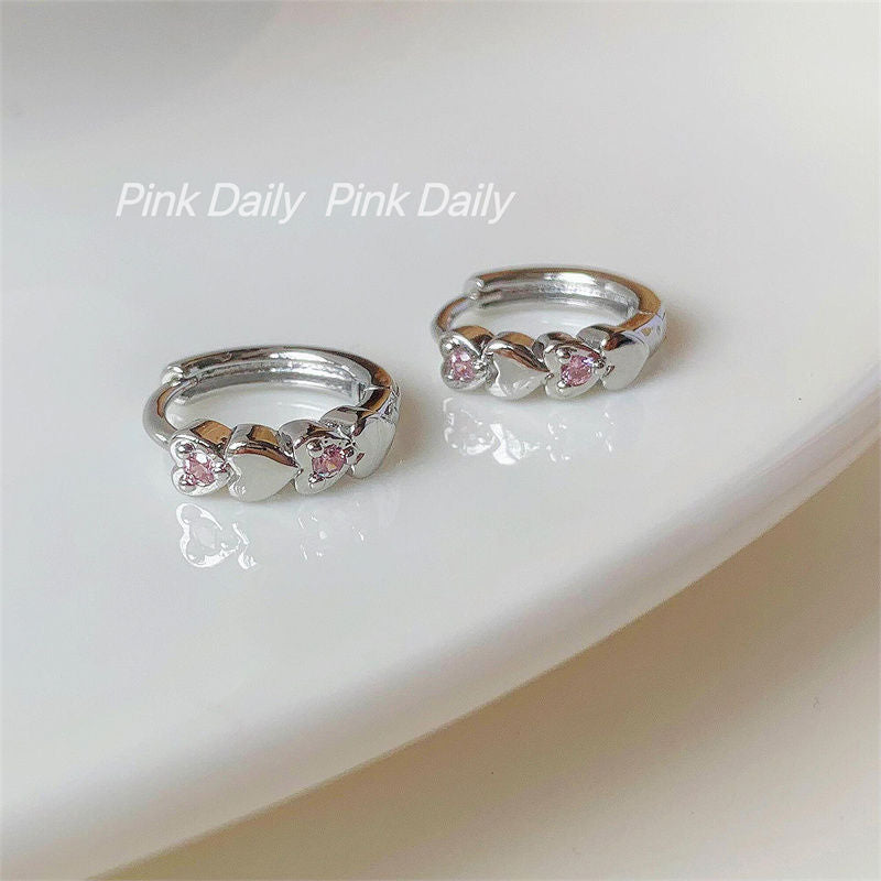 Women's Pink Loving Heart Zircon Clip Design Sense Minority Rings