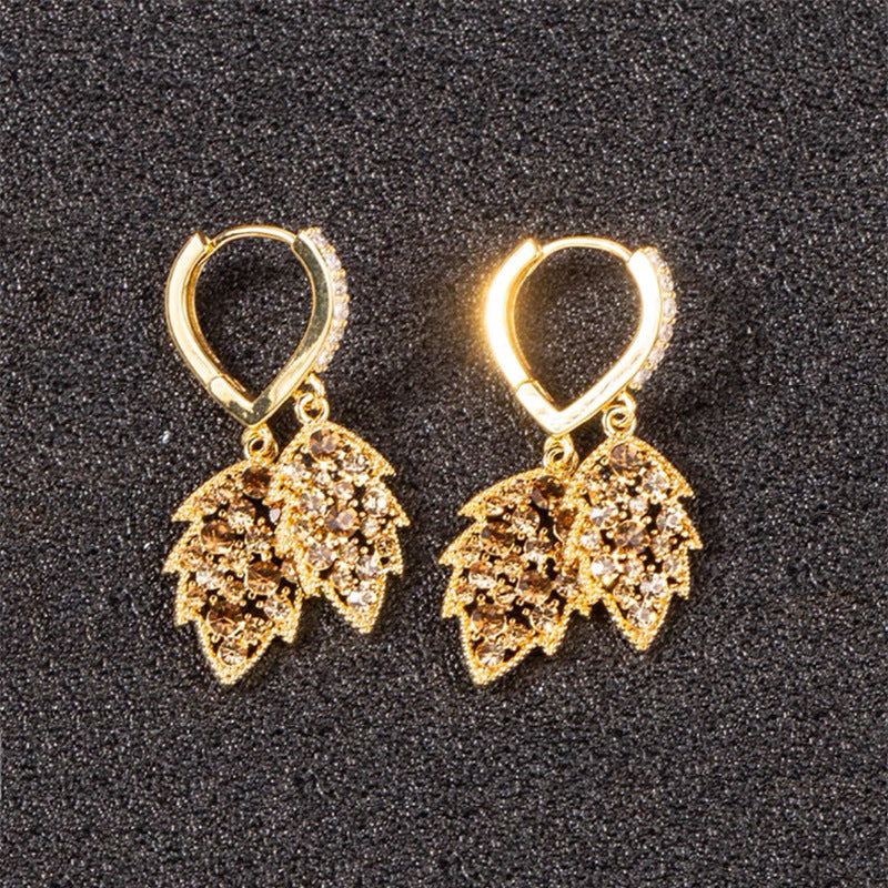 Women's Retro Elegant Leaves Zircon One-leaf Rich Gold Earrings