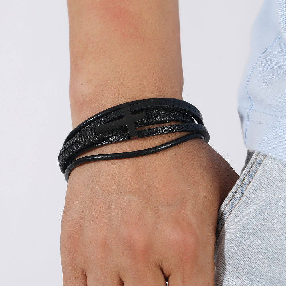 Men's Leather Woven Korean Style Glossy Magnetic Snap Cross Imitation Bracelets