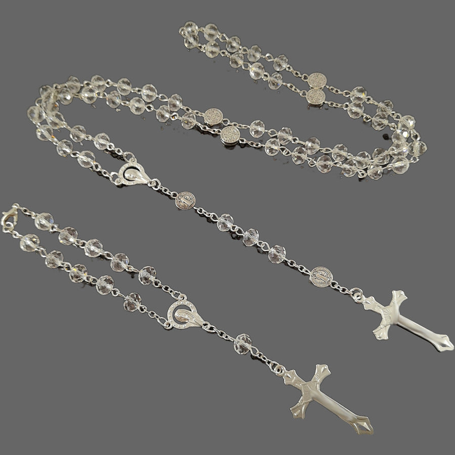 Crystal Cross Rosary Long Sweater Chain Necklace