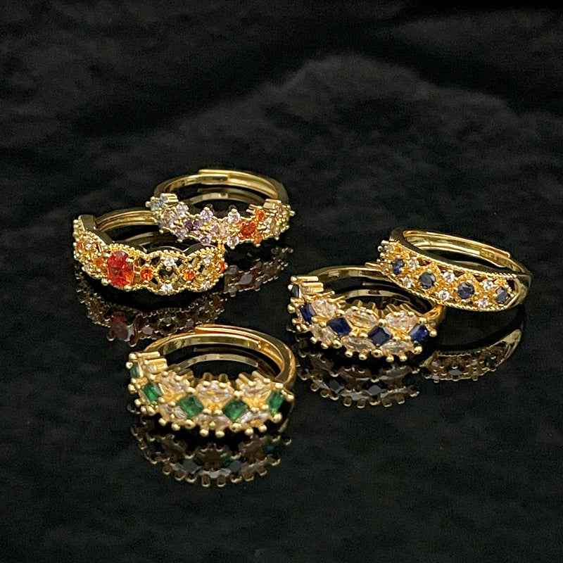 Lace Hollow Colorful Crystals Open Female Temperamental Rings