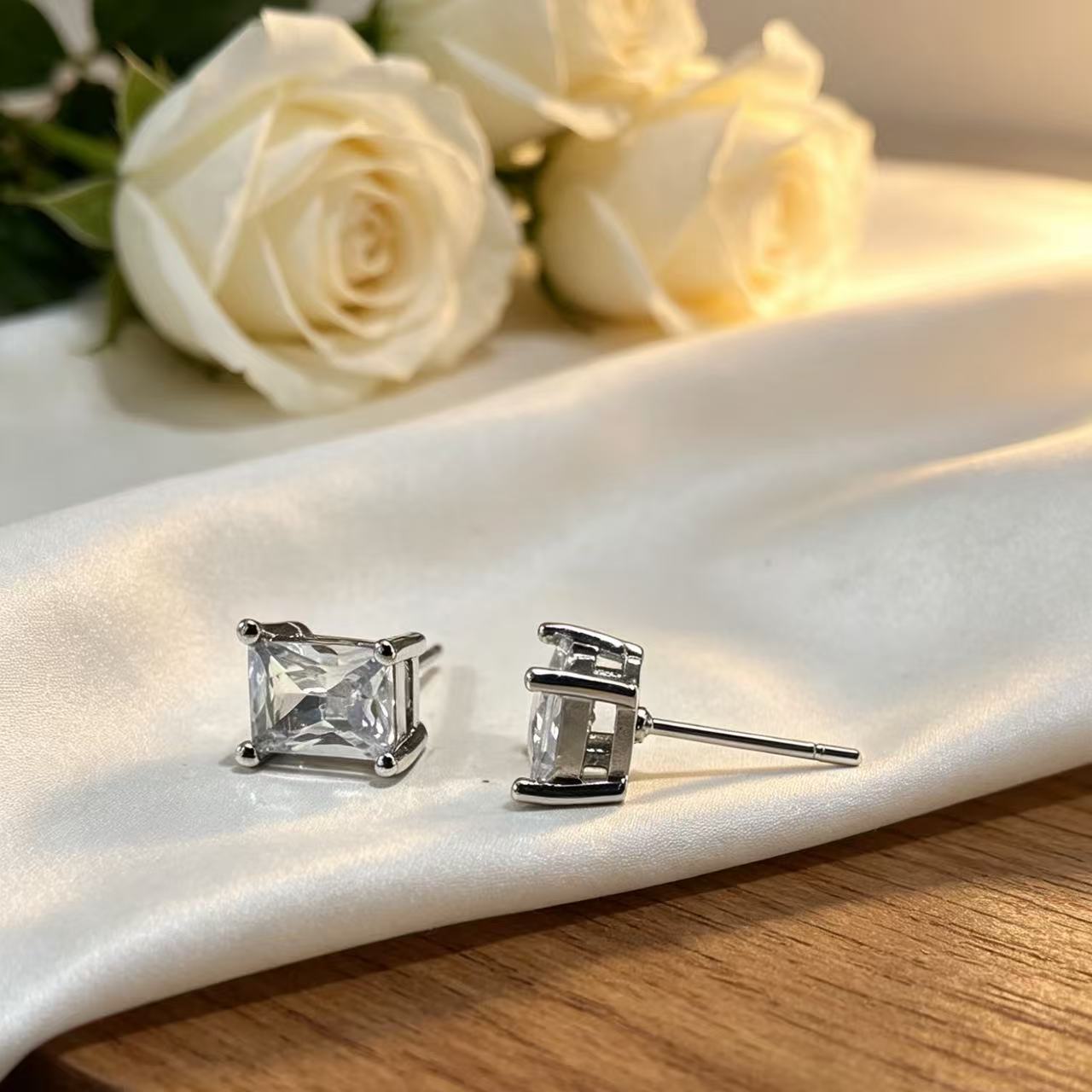 Color Zircon Korean Style Fashion Popular Rectangular Stud Earrings
