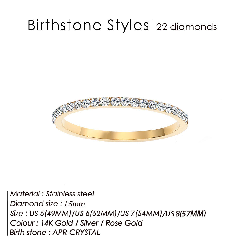 Full Diamond Stainless Steel Birthstones Zircon Ring