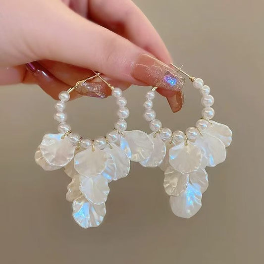 Petals Pearl Ethereal Design Long Tassel Ear Clip Rings
