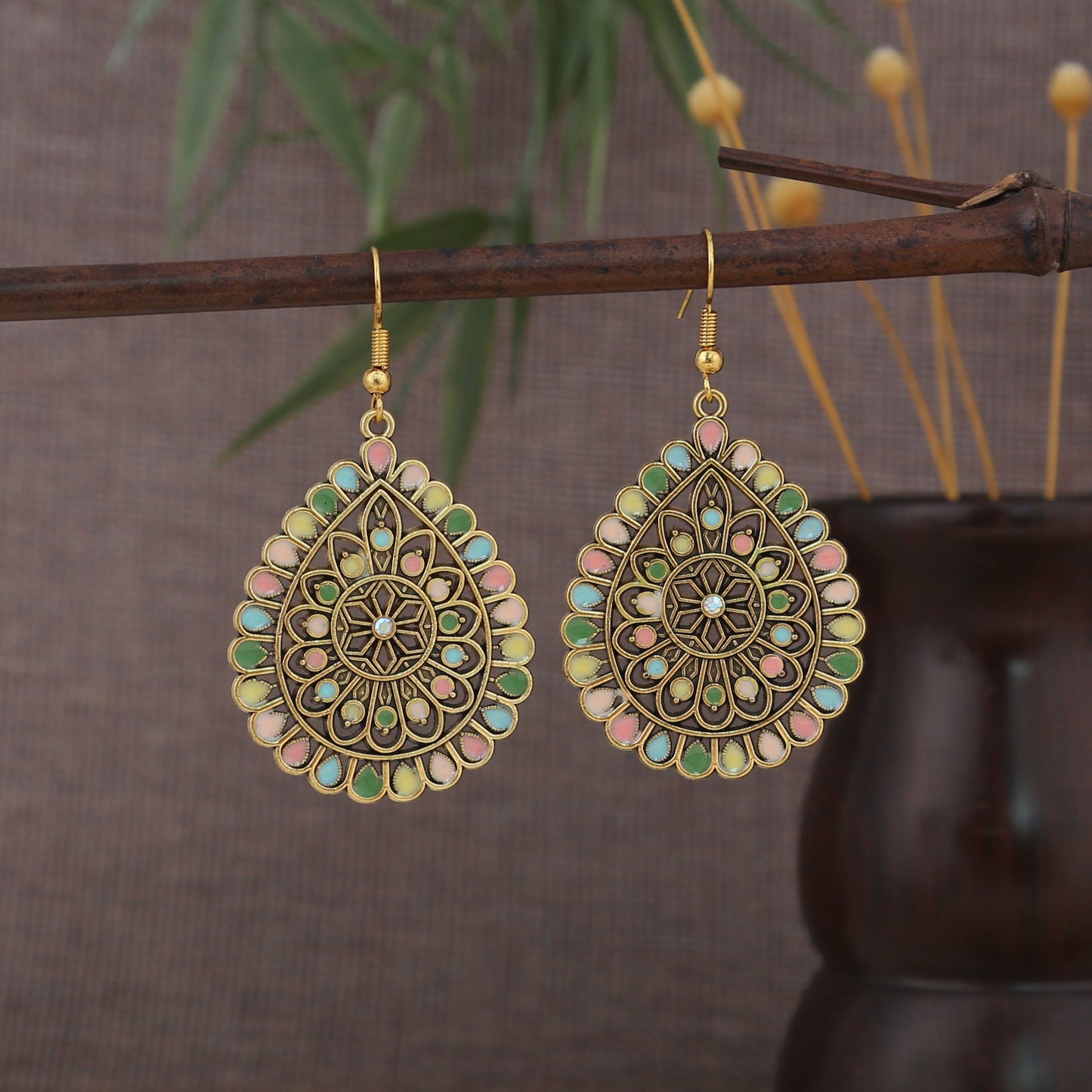 Turquoise Bohemian Palm Owl Bronze Carved Geometric Feather Earrings