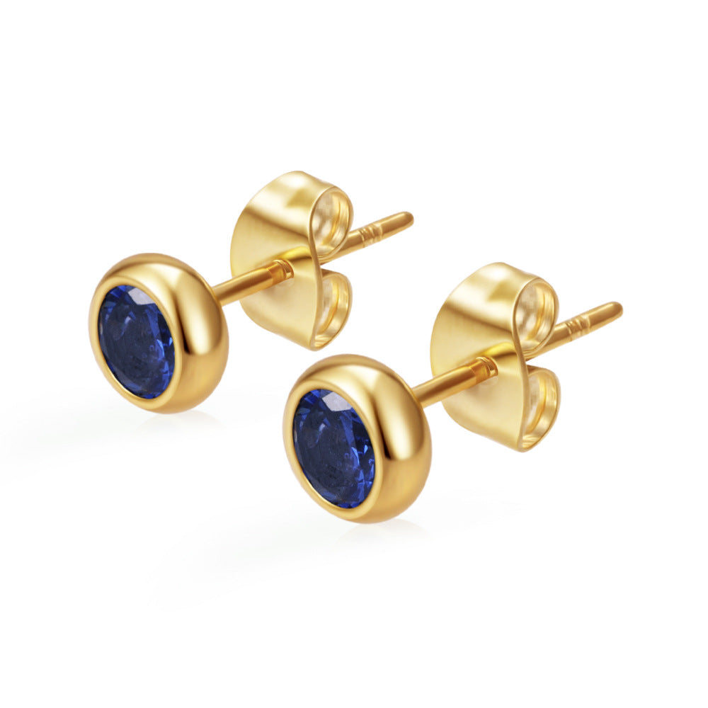 Women's Round Stainless Steel Zircon Trendy Versatile Real Gold Stud Earrings