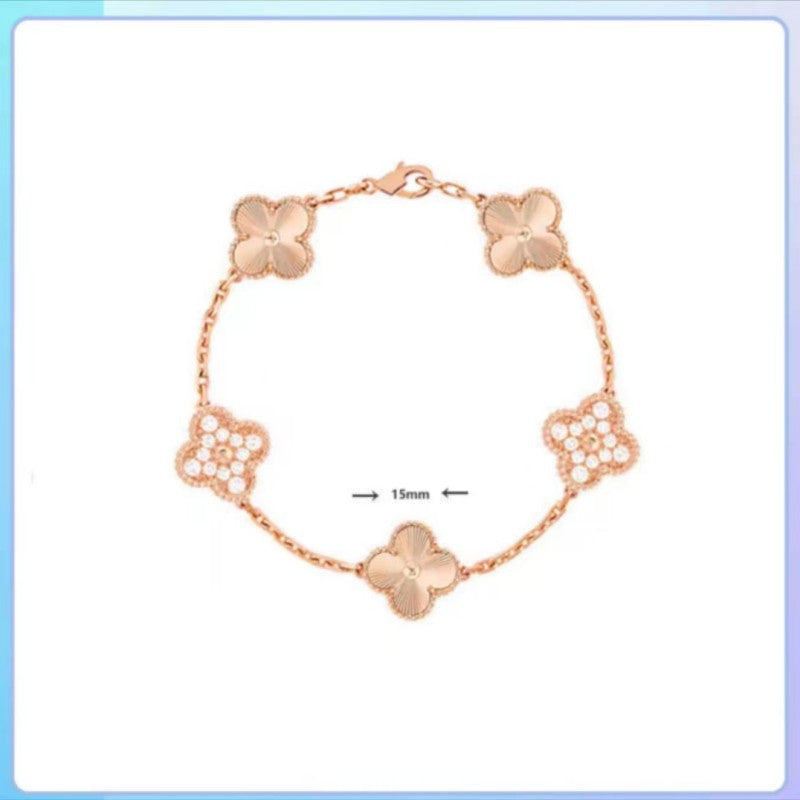 Women's Four-leaf Clover Rose Gold Red Agate Black White Shell Flower Bracelet