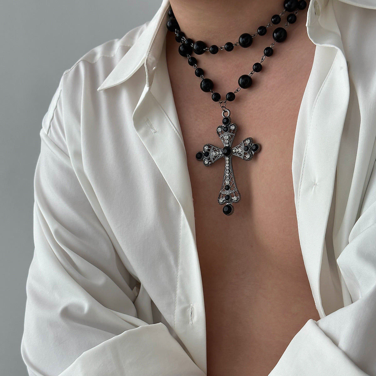 Hip Hop Cross Stitching Imitation Pearl Clavicle Necklaces