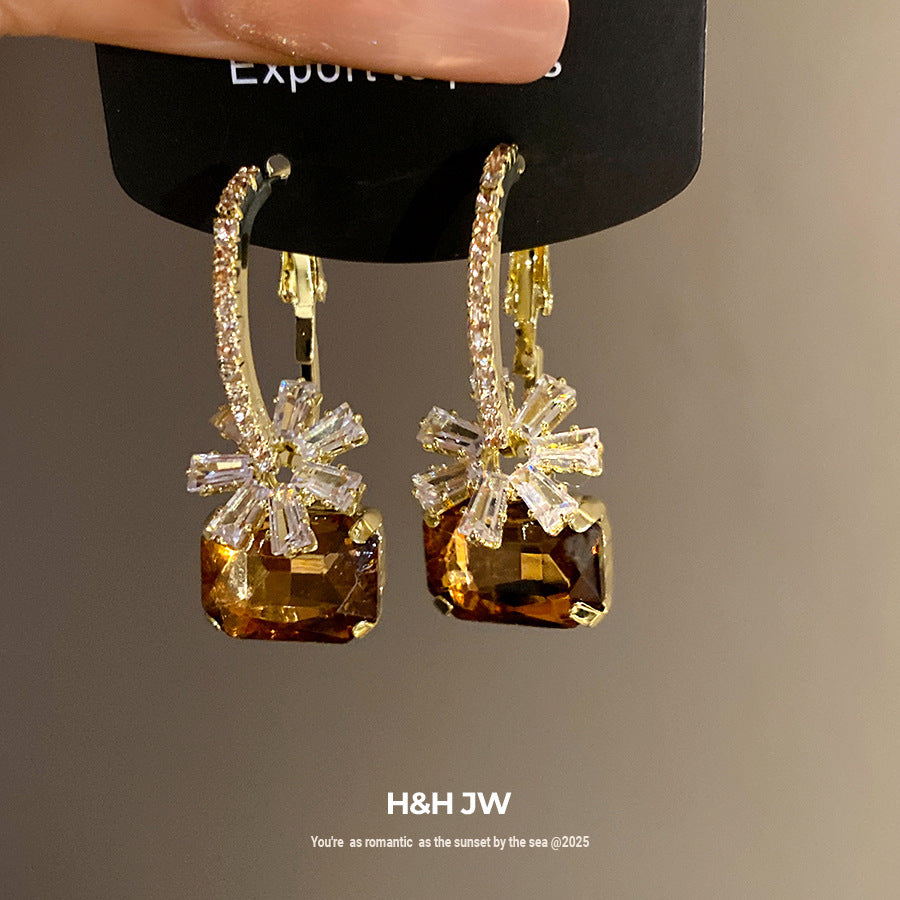 Women's Zircon Flower Square Ear Exquisite Trendy Light Luxury High-grade Stud Earrings