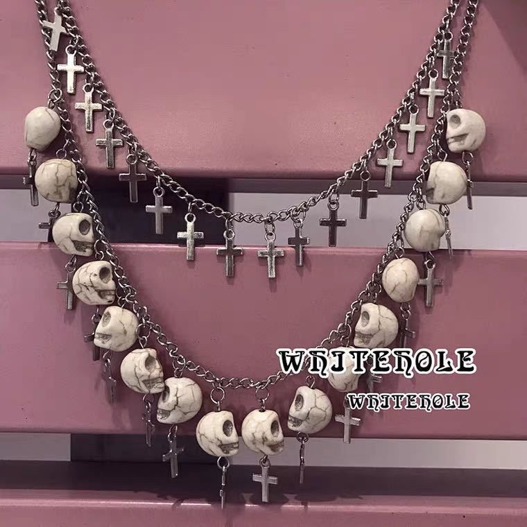 Punk Cross White Chain Sier Double Necklaces