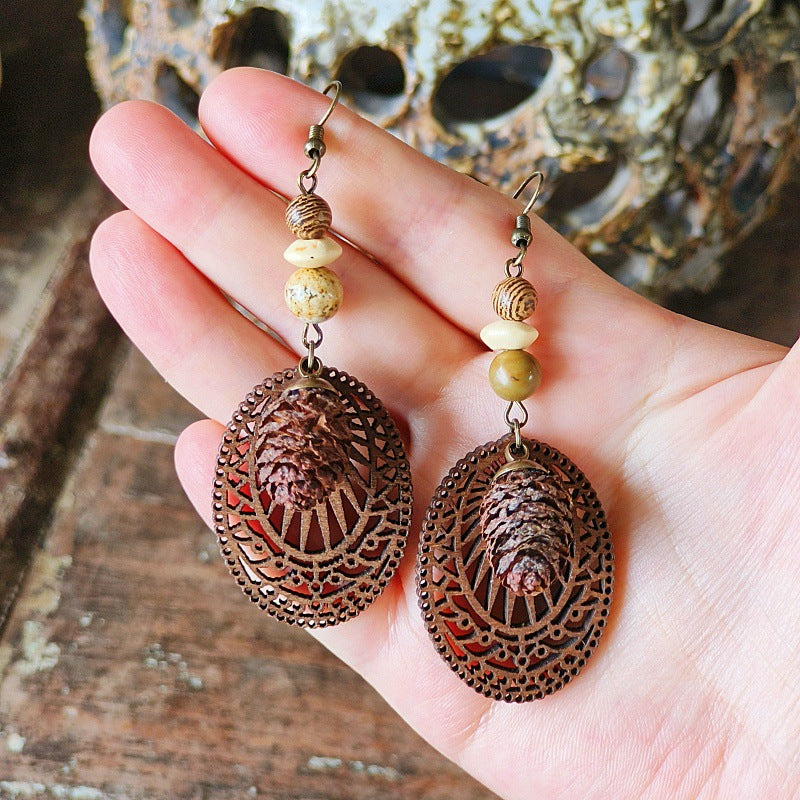 Style Retro Minority Mori Bohemian Indian Wandering Hollow Wood Grain Earrings