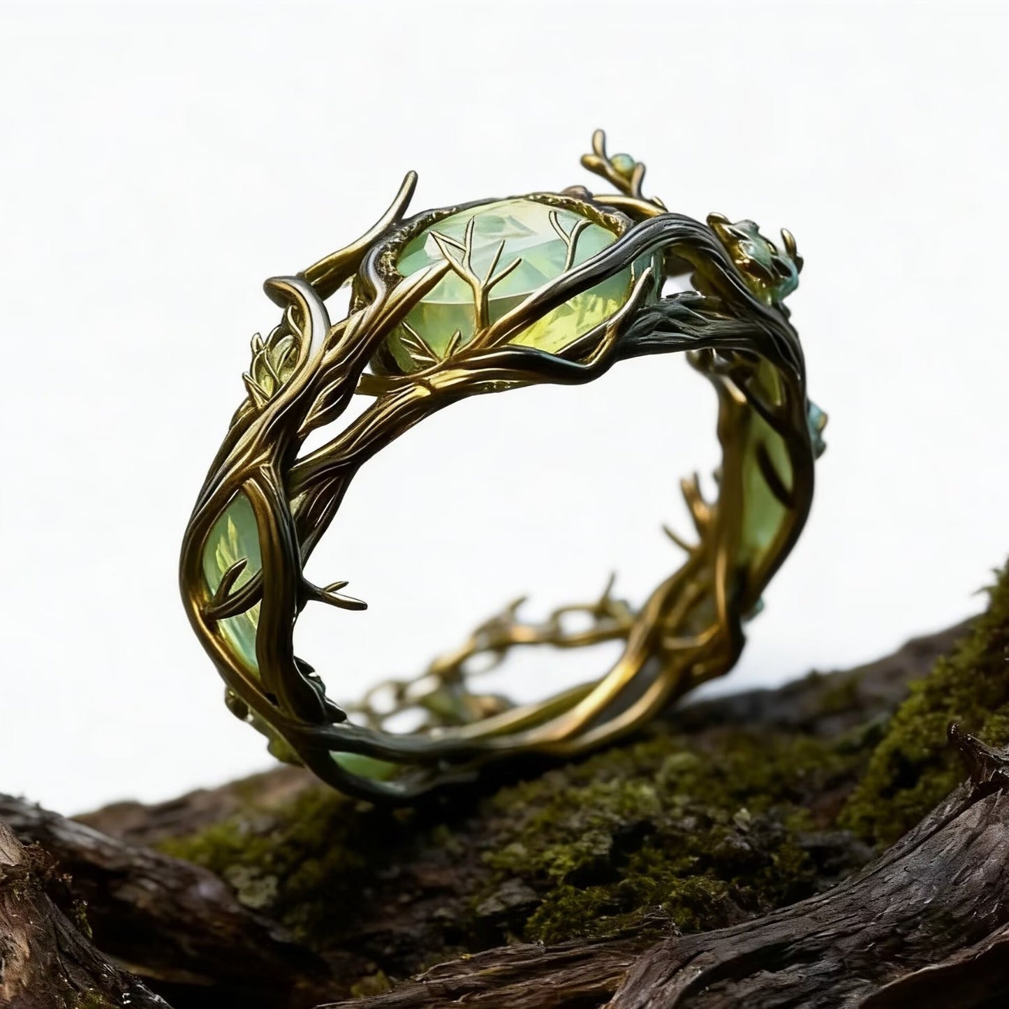 Craft Retro Personality Oval Jade Inlaid Malachite Branches Rings