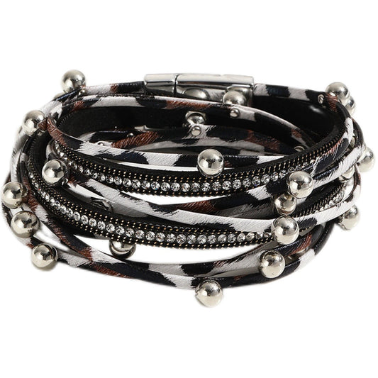 Women's Leather Fashion Diamond Leopard Print Magnetic Bracelets