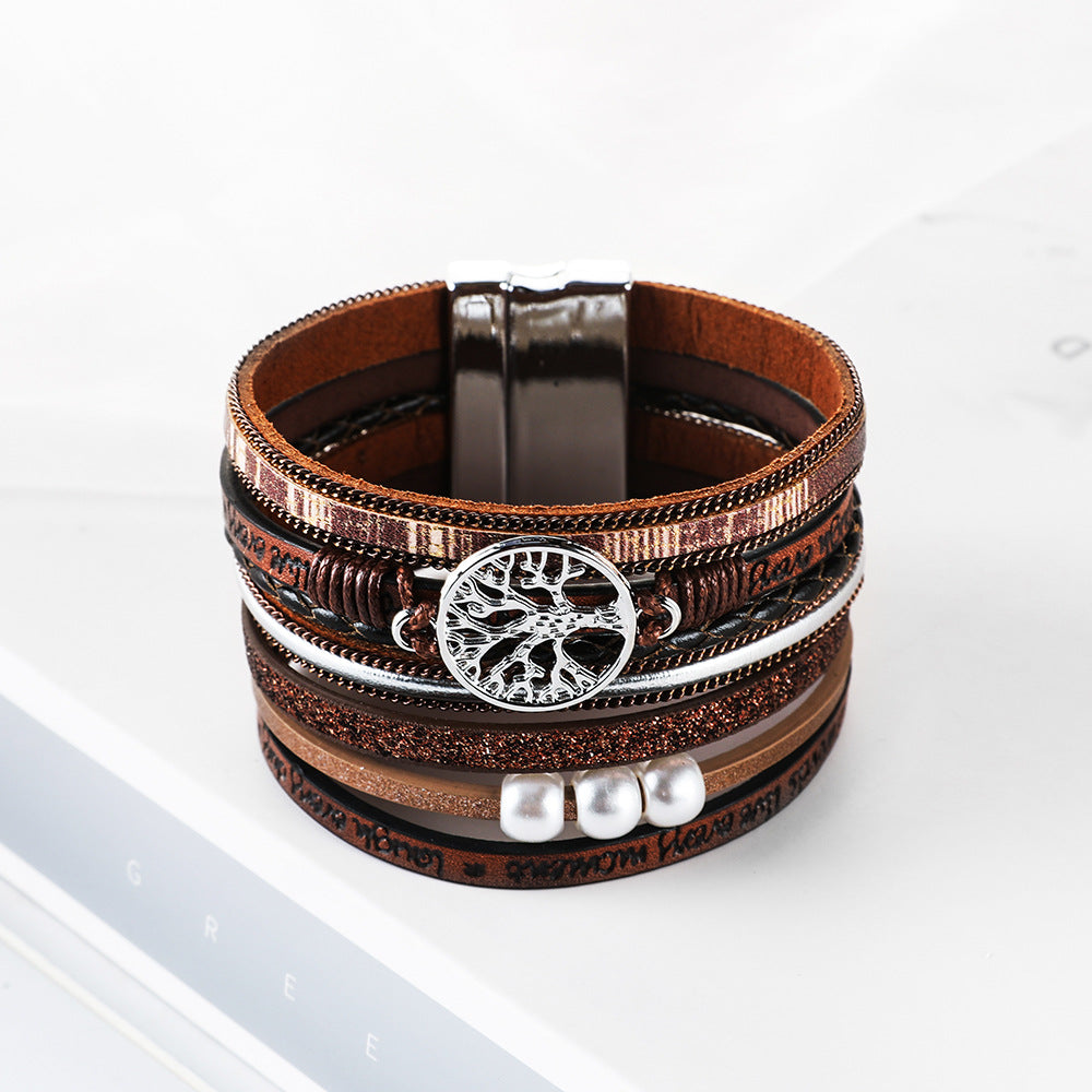 Hand-woven Leather Hollow Lucky Tree Charm Bracelets