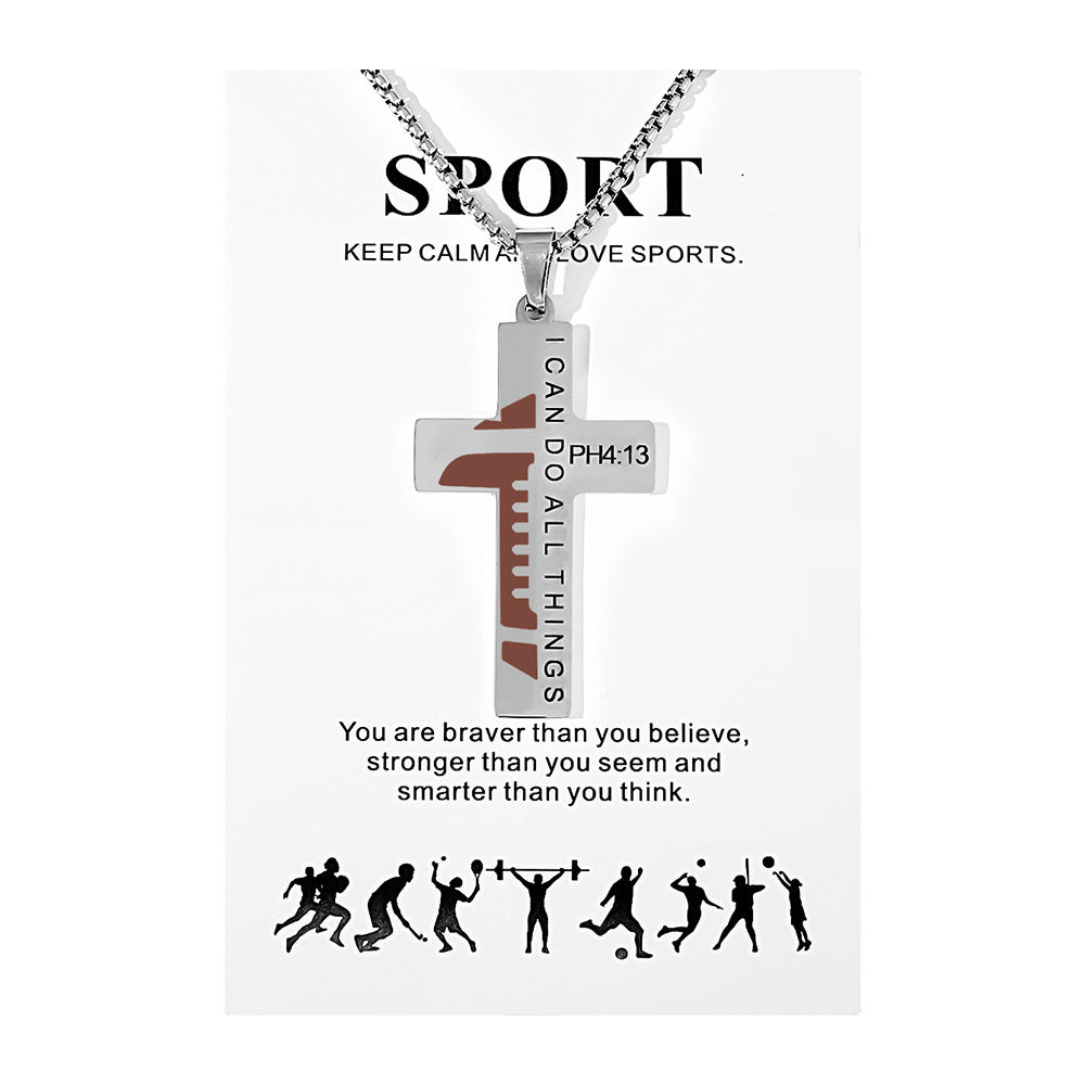 Football Stainless Steel Cross Inscription Sports Necklaces