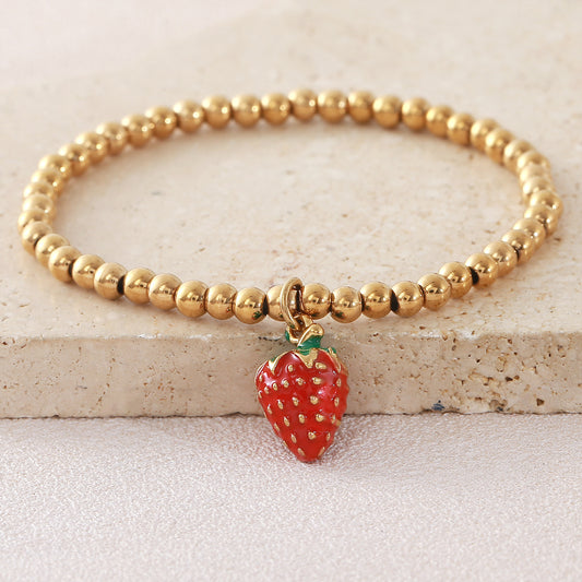 Stainless Steel Gold-plated Fruit Series Red Strawberry Beaded Fashion Bracelet