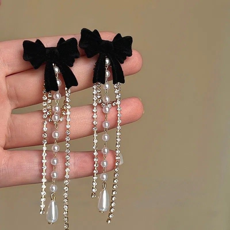 Bow Tassel Pearl Female Fairy Red Earrings