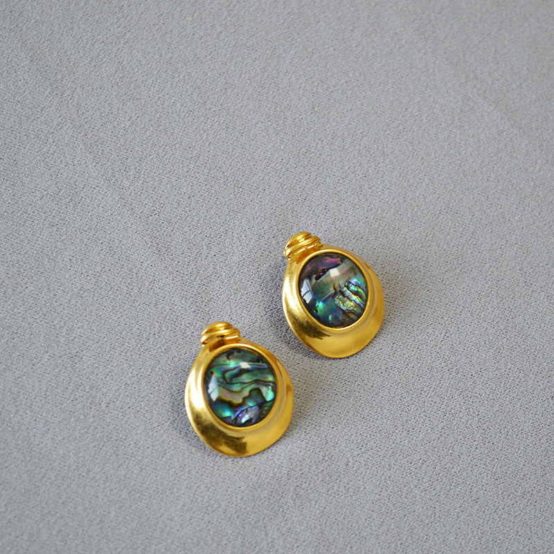 Minority Retro Artistic Brass Gold-plated Irregular Round Colorful Abalone Shell Stud Earrings