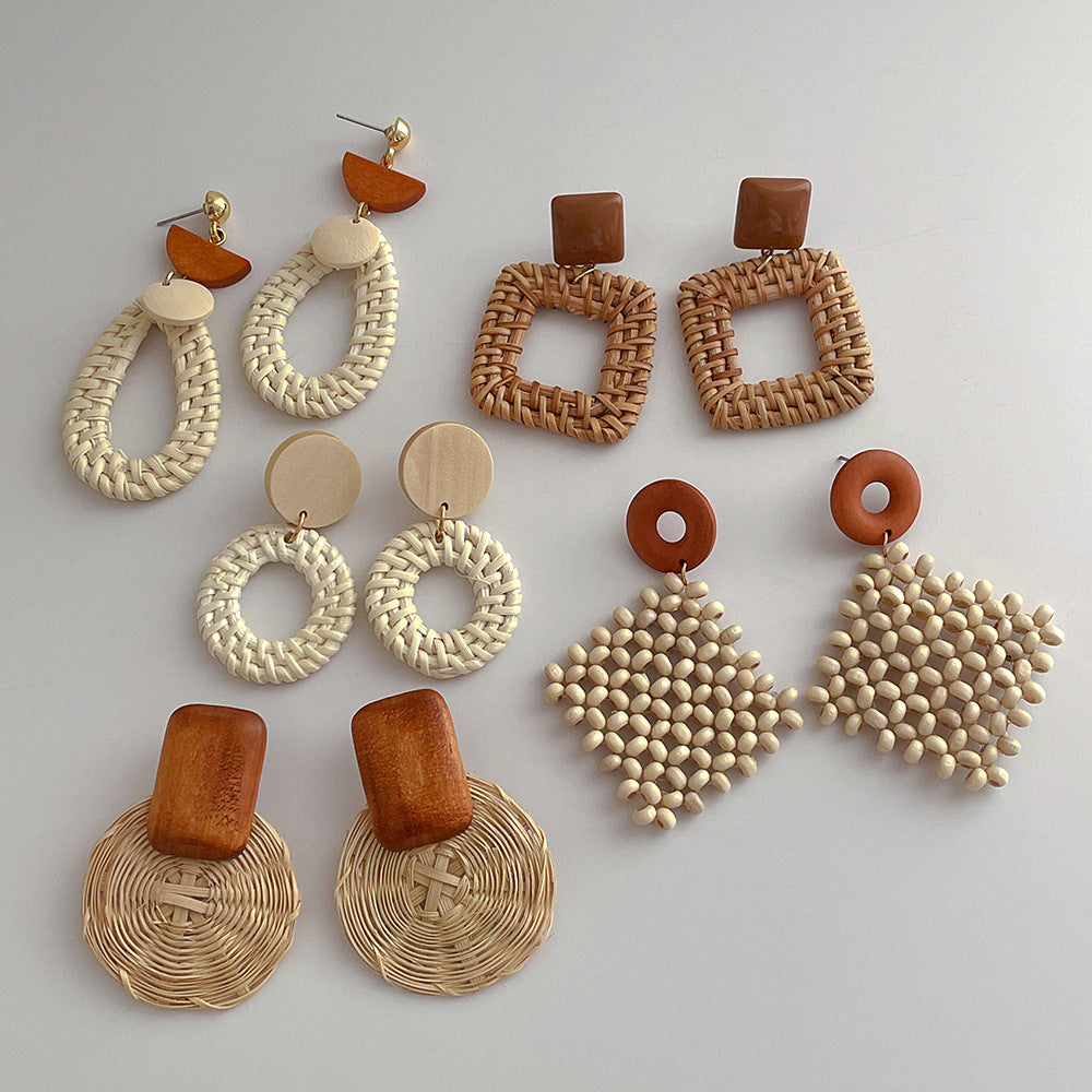 Woven Wooden Rattan Beach Vacation Style Vintage Earrings