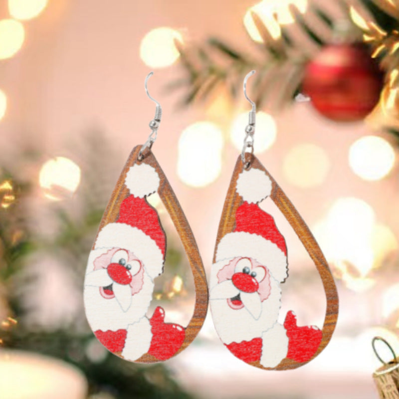 Creative Cartoon Cute Hollow Santa Claus Elk Wooden Earrings