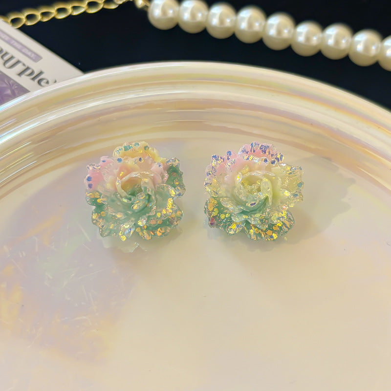 Women's Purple Heart Crystal Flowers Eardrops Beautiful Vacation Stud Earrings