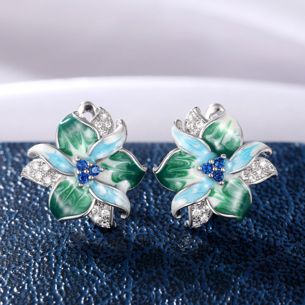 Shi Green Enamel Flower Epoxy Zircon Stud Earrings