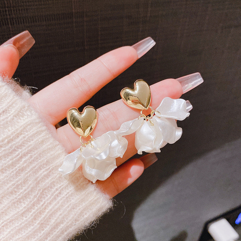 Women's Colorful Water Drop Rose Pearl Petals Mori Temperament Three-dimensional Flower Earrings
