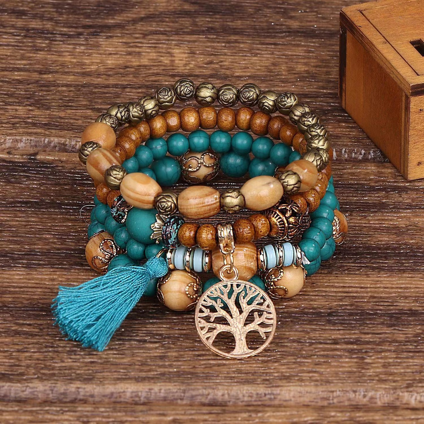 Bohemian Style Wooden Bead Beaded Elastic Bracelets