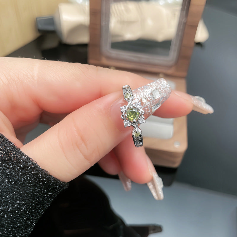 Exquisite Retro Olive Green Zircon Cold Style Open Rings