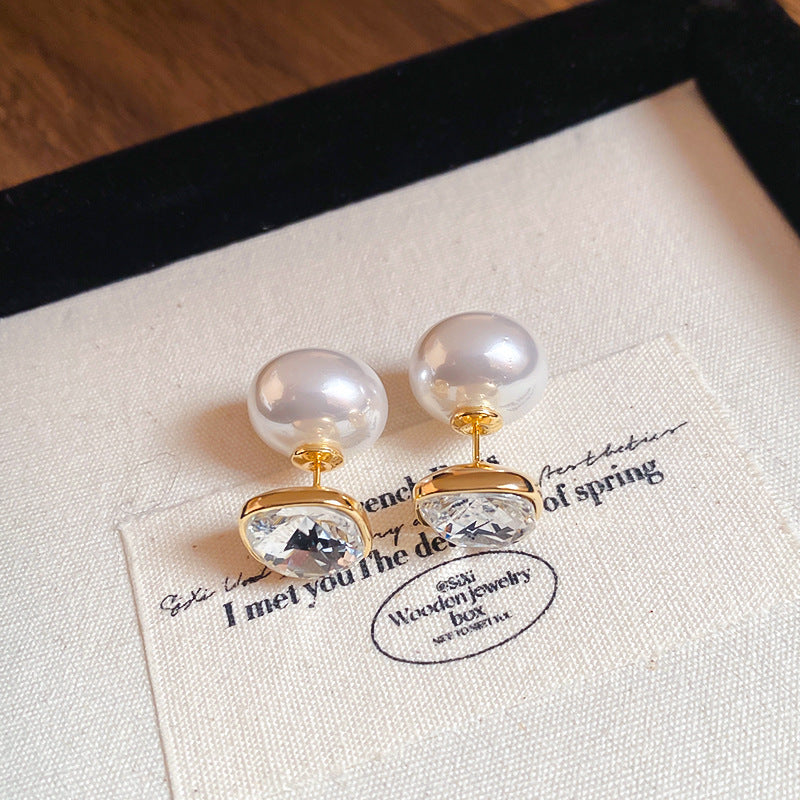 Style Double-sided Champagne Square Diamond Pearl Stud Earrings