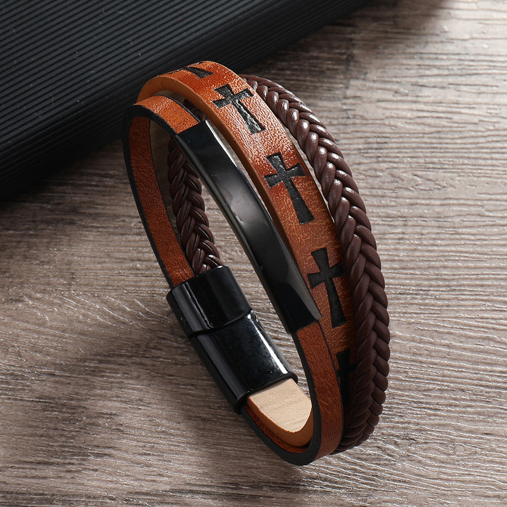 Men's Ornament Printed Cross Leather Woven Magnetic Bracelets