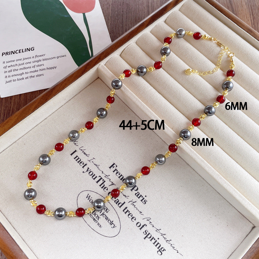 Natural Red Agate Beaded Pearl Sweater Necklaces