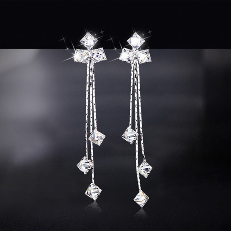 Women's Sier Needle Long Square Zircon For Sweet Earrings