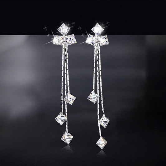 Women's Sier Needle Long Square Zircon For Sweet Earrings