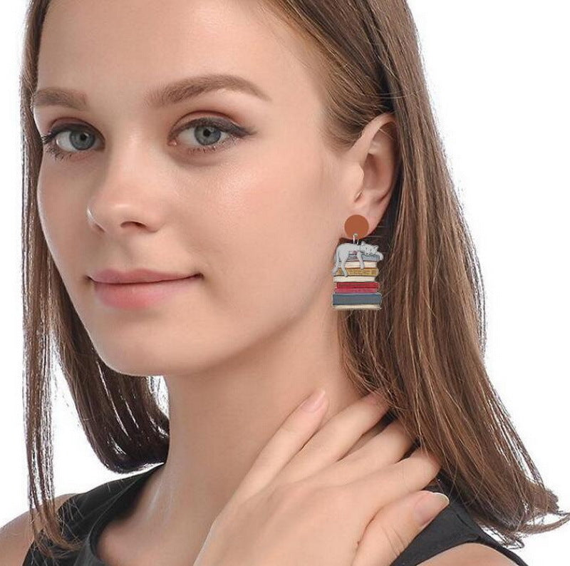 Character Book Tree Education Rainbow School Opening Cat Earrings