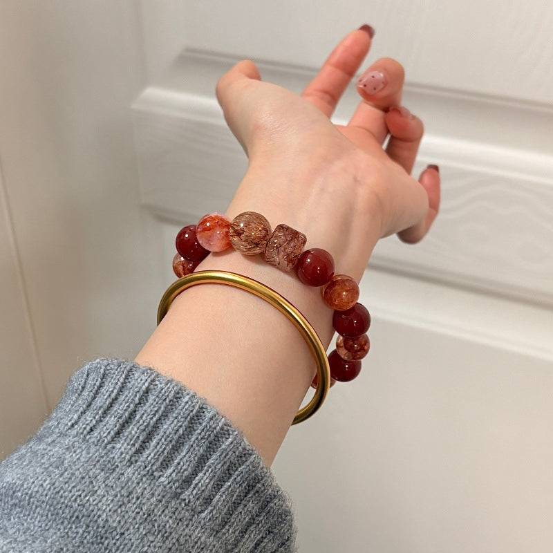 Women's Golden Autumn Natural Red Sealant Flower Agate Square Sugar Bracelet