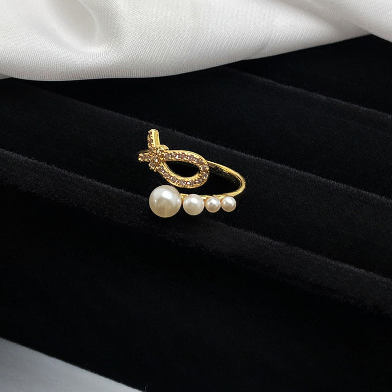 Sweet Cool Bow Open-end Pearl Female Korean Rabbit Rings