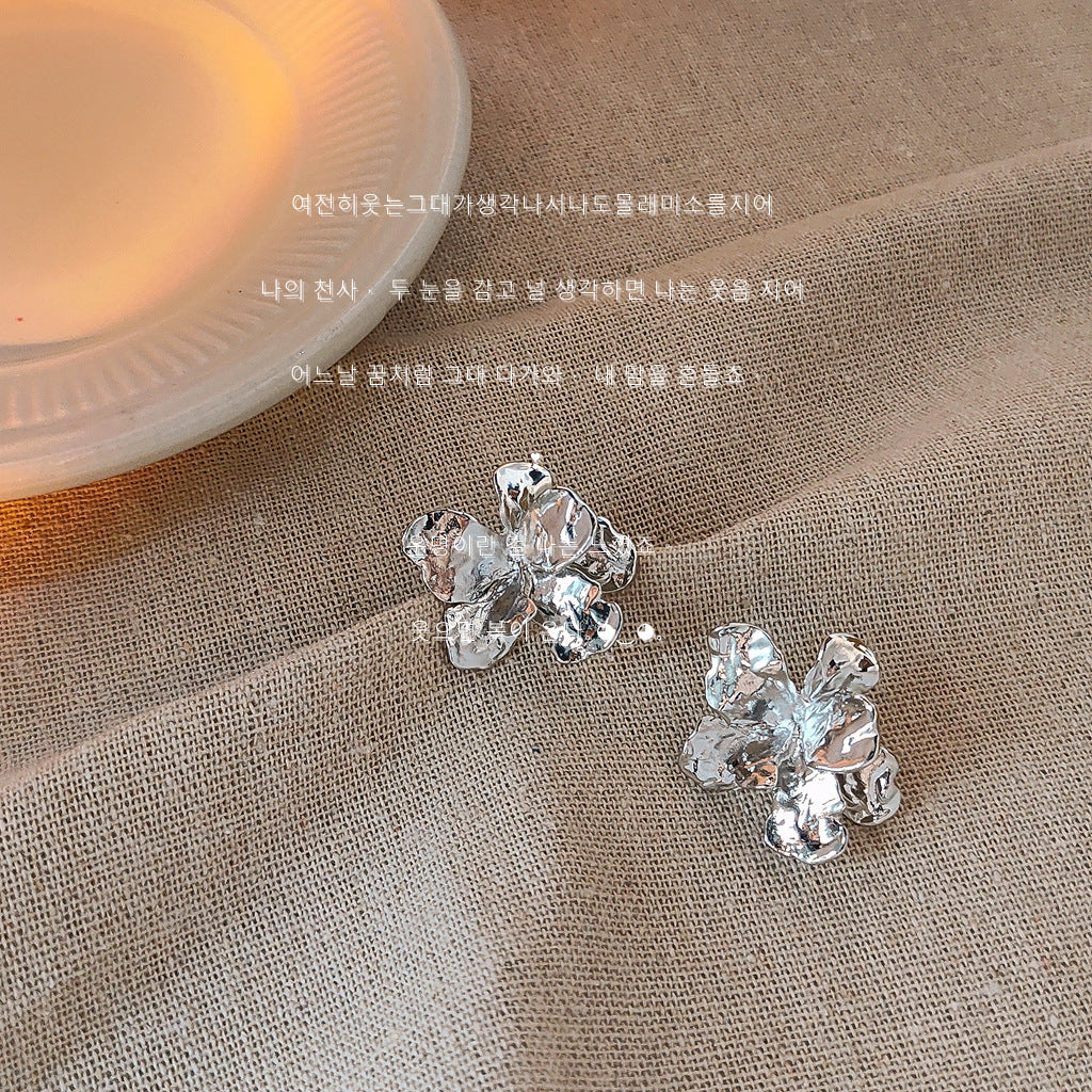 Liquid Metal Sier Needle Irregular Three-dimensional Flower Female Earrings