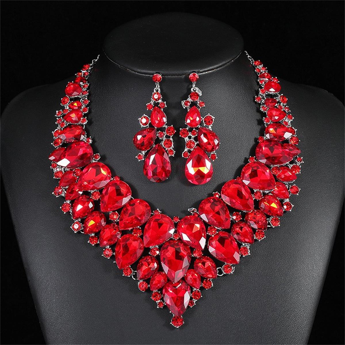 Women's Profile Generous Red Crystal Suite Bridal Jewelry Set