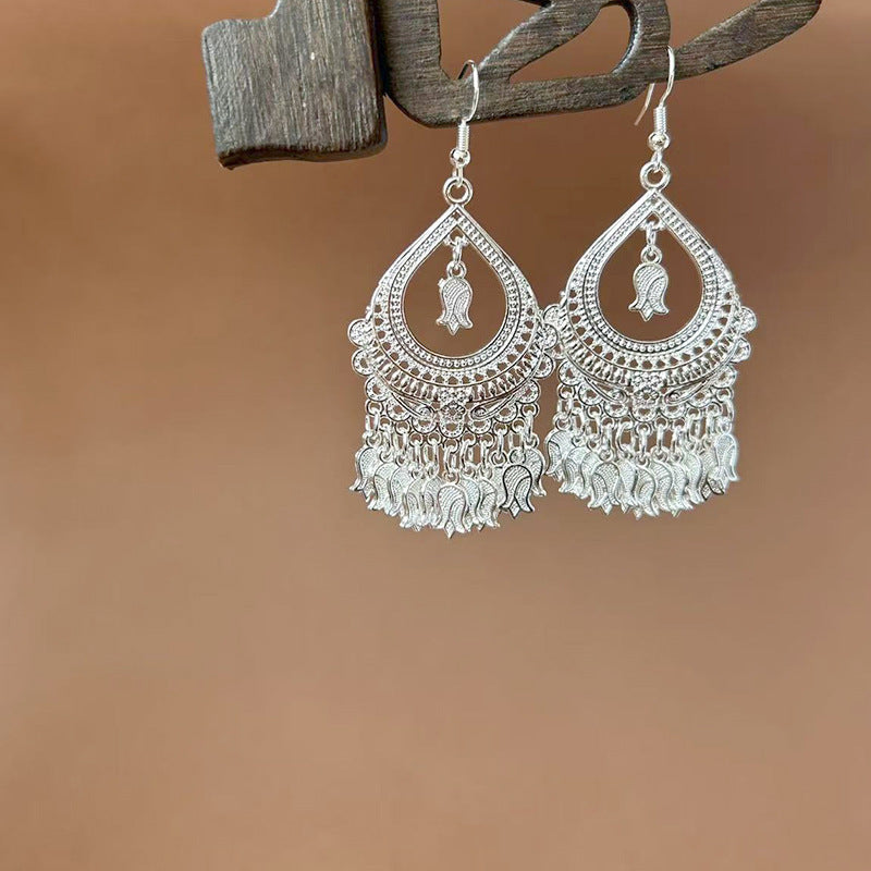 Sier Ethnic Style Peacock Retro Ear Hook Vintage Scenic Spot Earrings