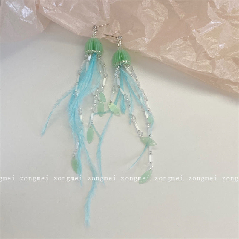 Fairy Feather Beaded Tassel Ear Clip Earrings