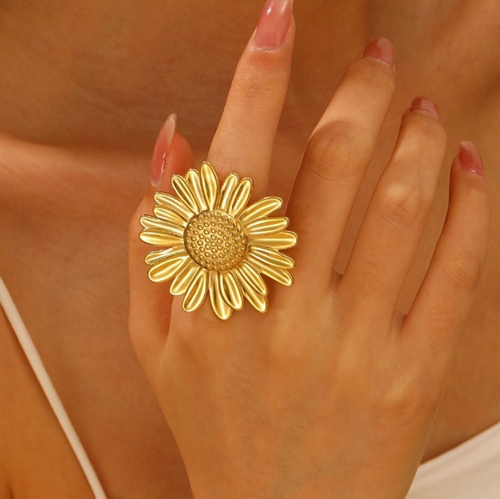 Steel Flower Leaf Female Exaggerated Personalized Hollow Ring