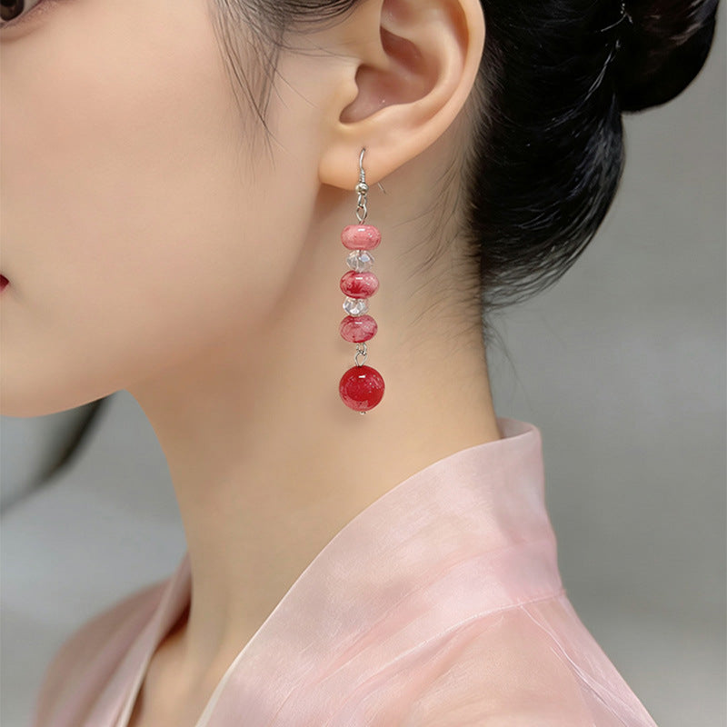 Women's Chinese Style Carnelian Beaded For Archaic Simple Refined Stylish Versatile Earrings